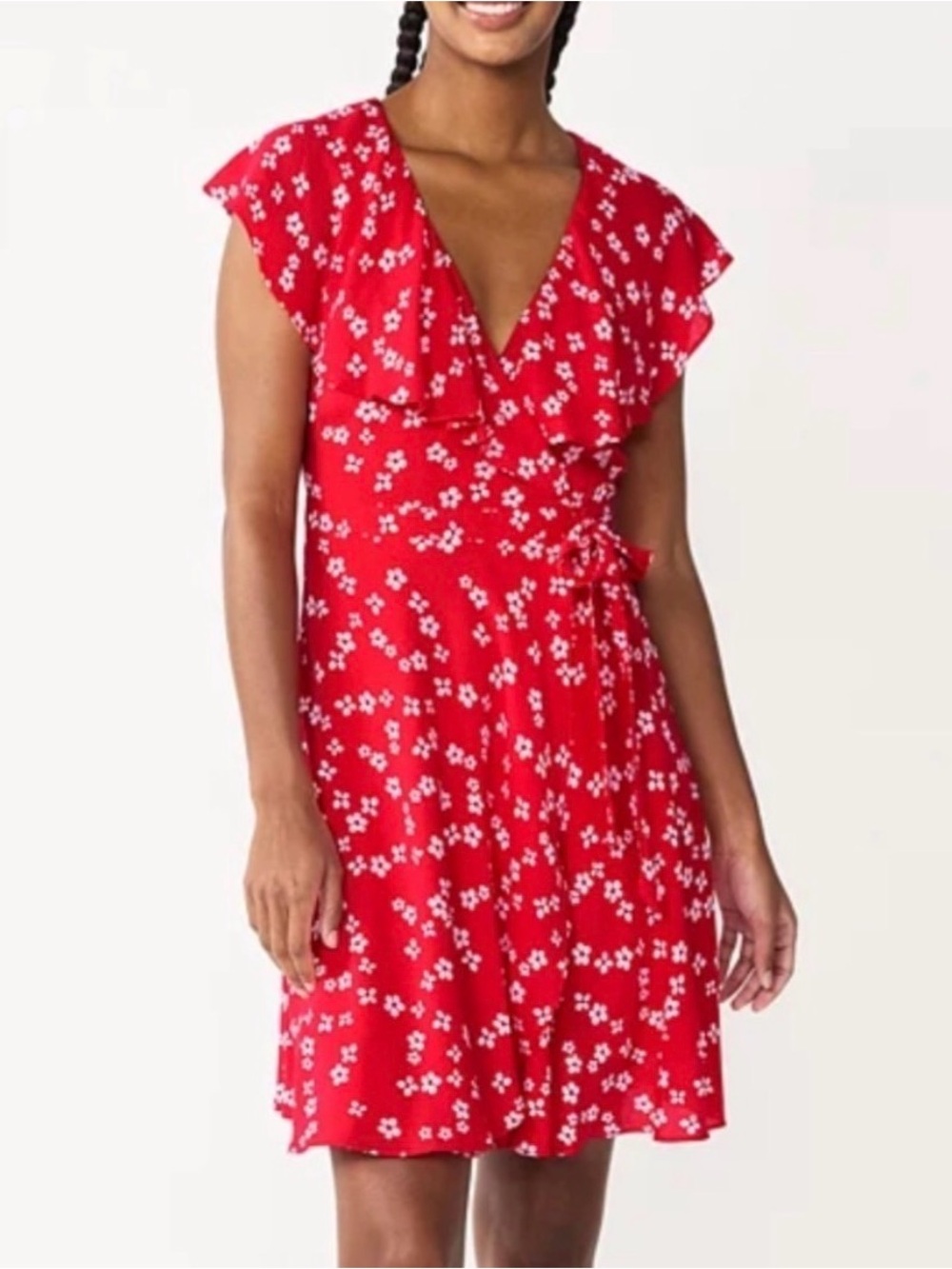 Draper James RSVP Flutter Sleeve Romantic Wrap Dress Red Floral Size Large